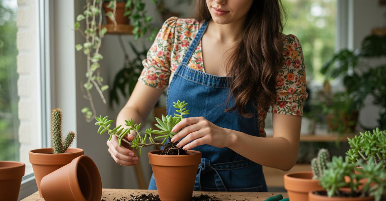 trocando suculenta de vaso