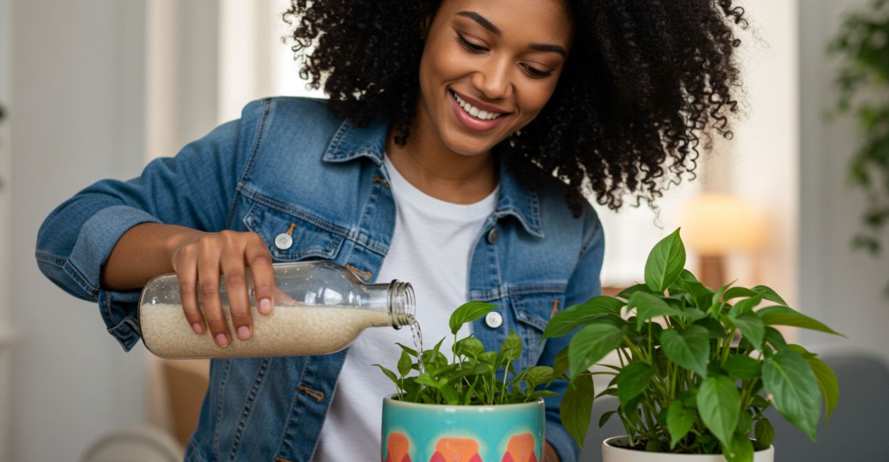 cuidar de plantas com água de arroz