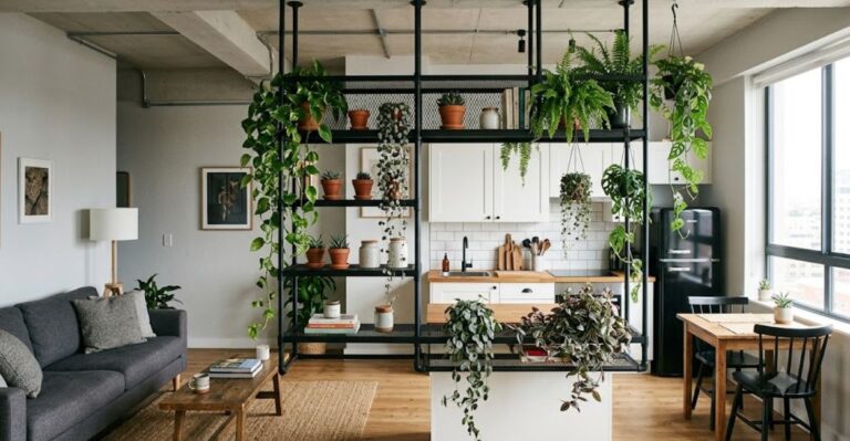 estilo industrial com plantas e ferro preto