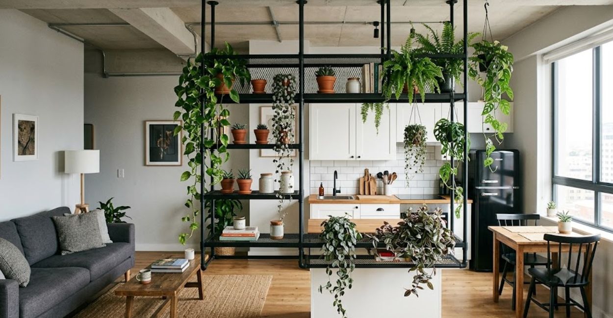 estilo industrial com plantas e ferro preto